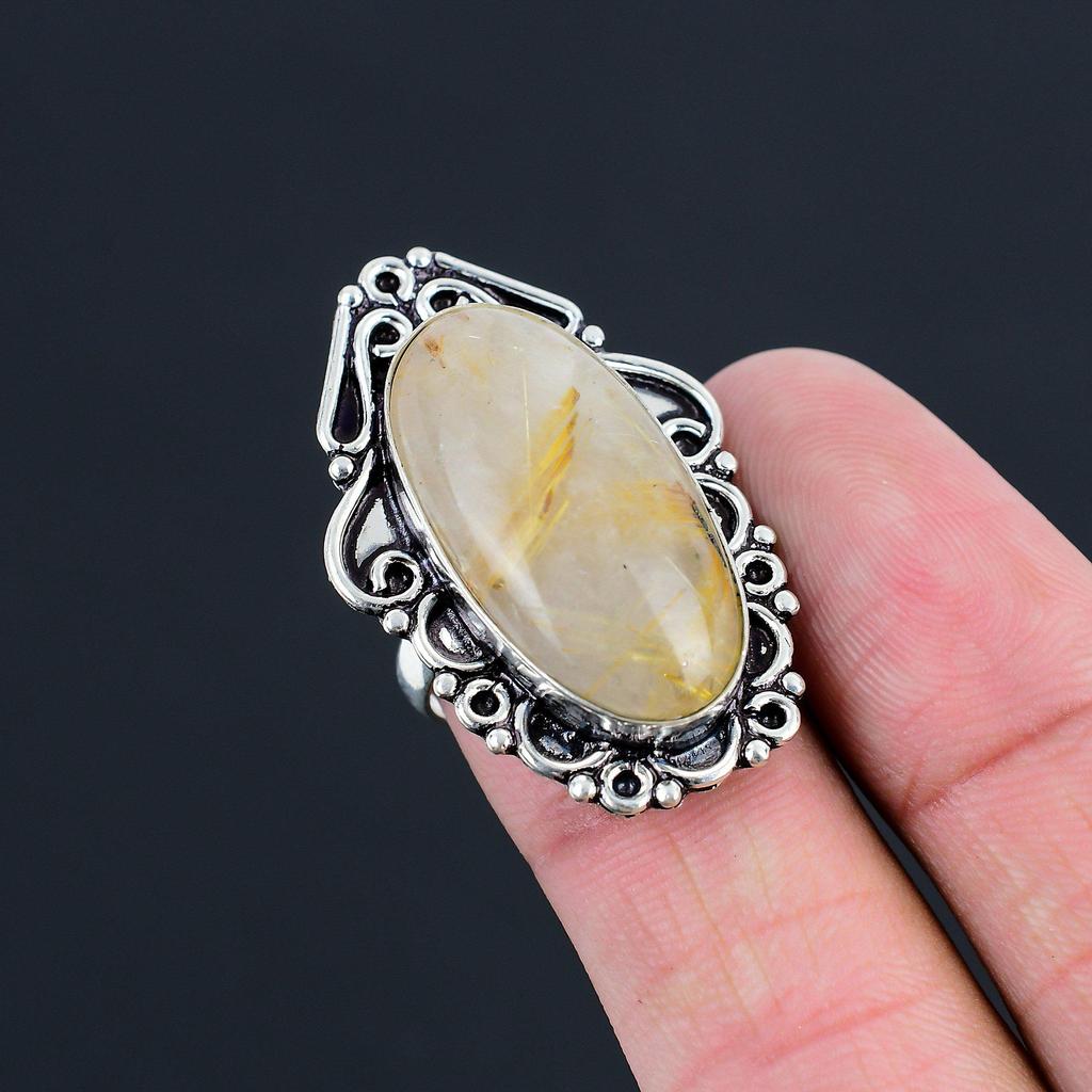 Sisters Day Sale 925 Silver Oval Golden Rutile Stone Statement Wife Ring US 7.5
