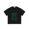 Black Oversized T Shirt with Green Cat Wearing Sunglasses and Leather Jacket Graphic for Casual Streetwear Style