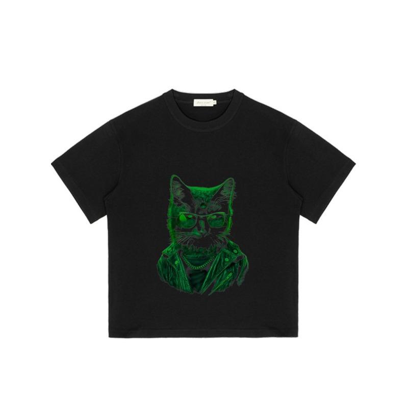 Black Oversized T Shirt with Green Cat Wearing Sunglasses and Leather Jacket Graphic for Casual Streetwear Style