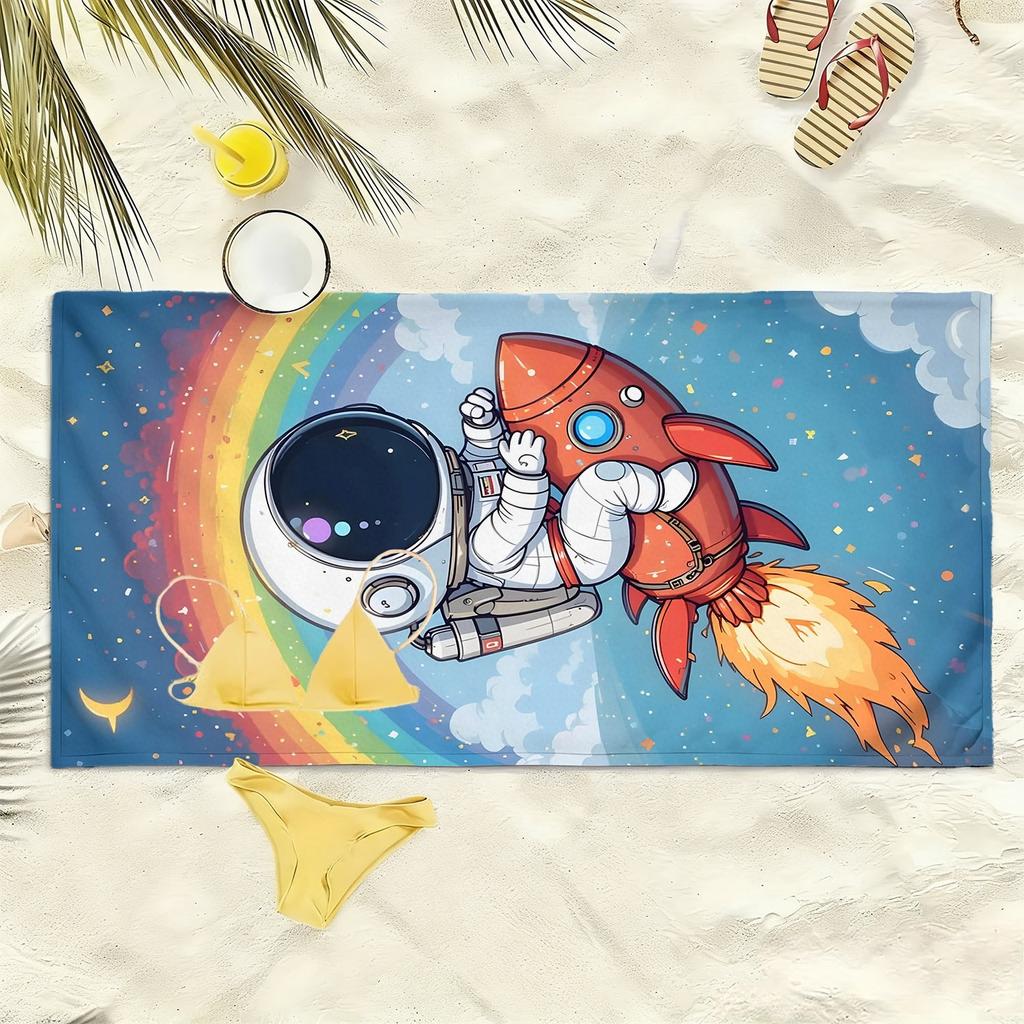 Cartoon astronaut Rainbow Rocket polyester microfiber beach towel is highly absorbent, suitable for swimming and beach outings
