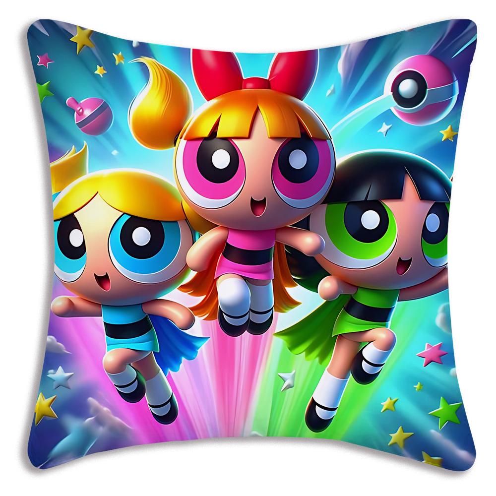 Anime Powerpuffs Girlss Pillow Covers Cartoon Sofa Decorative Home Double-Sided Printing Short Plush Cute Cushion Cover