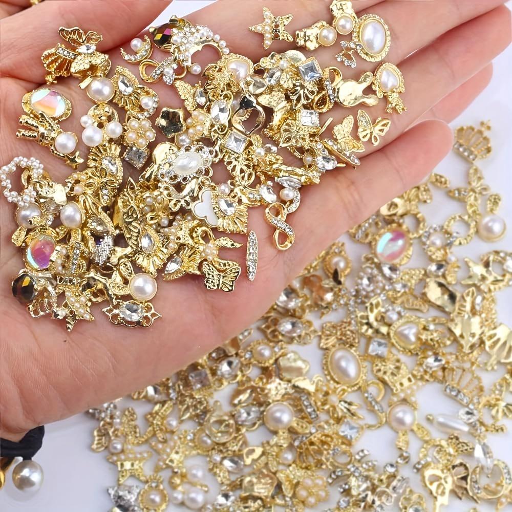 30pcs Luxury Nail Charms With Rhinestones/Pearls, Silvery Golden Nail Art Accessories, 3D Alloy Nail Art Jewelry For Nail Art Decoration