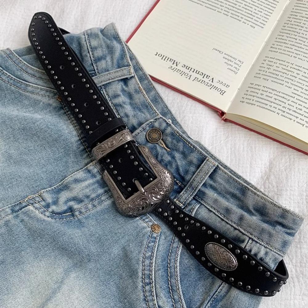 Wide PU Vintage Waistband American Style Coffee Y2K Belt Fashion Black Rivet Belt  Party