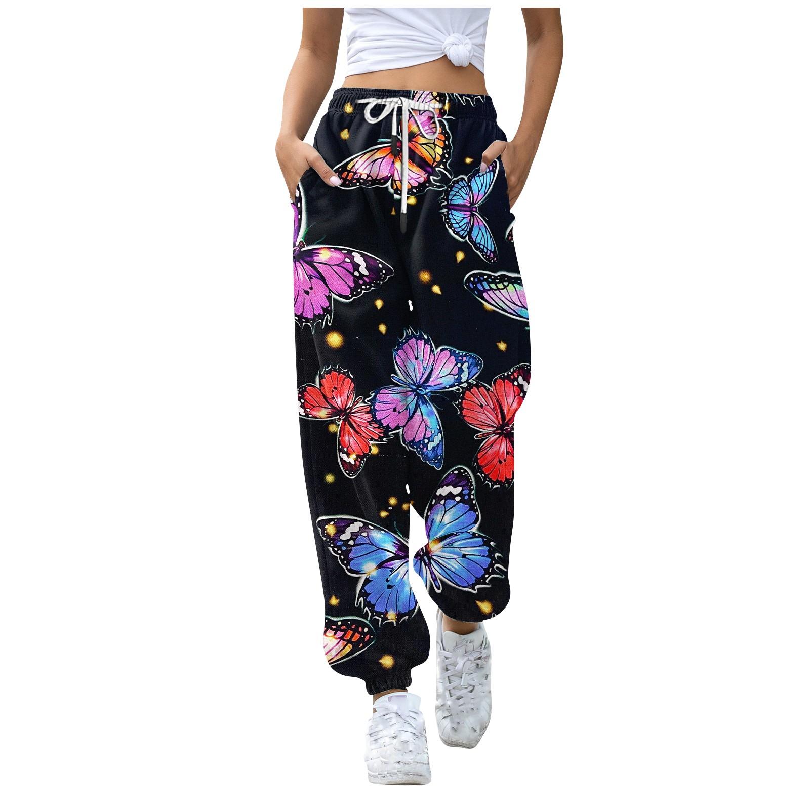 

Женские повседневные модные брюки с принтом бабочки, повседневные брюки с эластичной резинкой на талии и шнурком L разноцветный