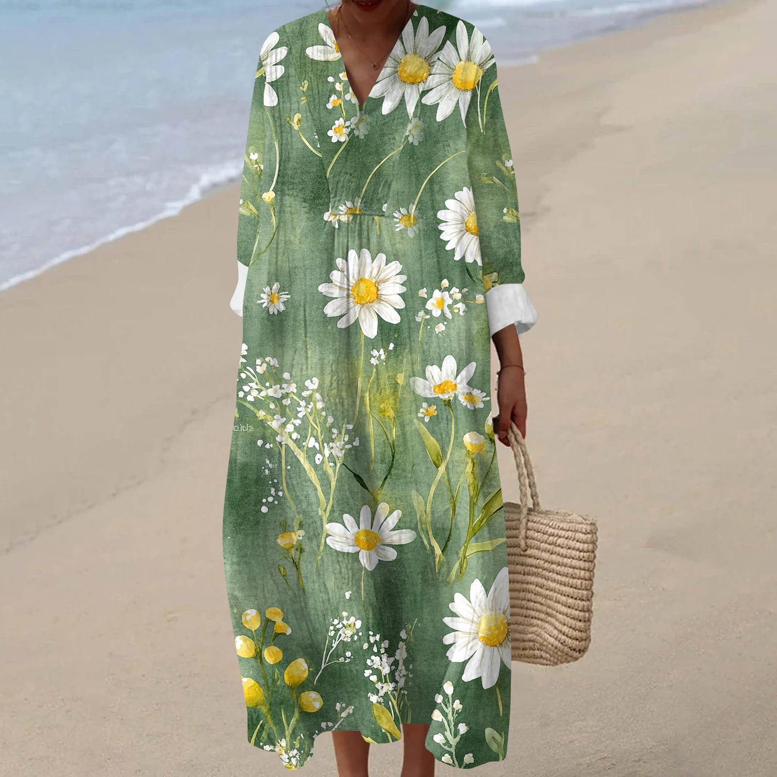 

Женское повседневное модное платье макси с V-образным вырезом и длинными рукавами с цветочным принтом L зелёный