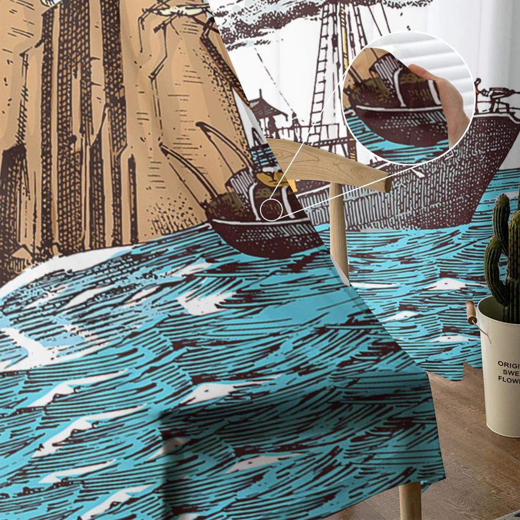 Ancient Lighthouse Sailing Ship Line Bedroom Transparent Sheer Curtains Holiday Decoration Window Voile Tulle Curtain