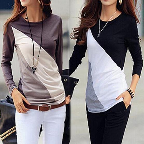 Korean Fashion Women Style Autumn Slim Fit Color Block Blouse Long Sleeve Shirt