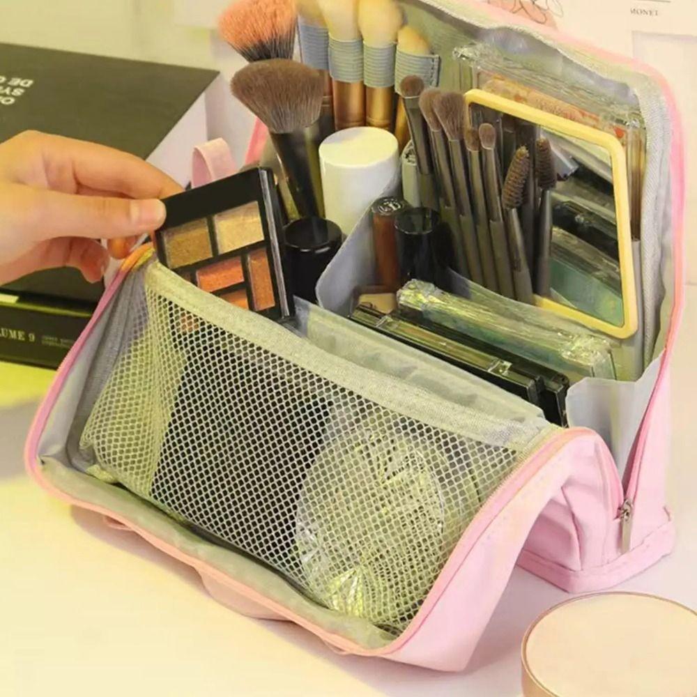 Portable Cosmetics Storage Bag Solid Color Vertical Travel Makeup Organizer Multi-Layer PU Cosmetic Organizer Outdoor