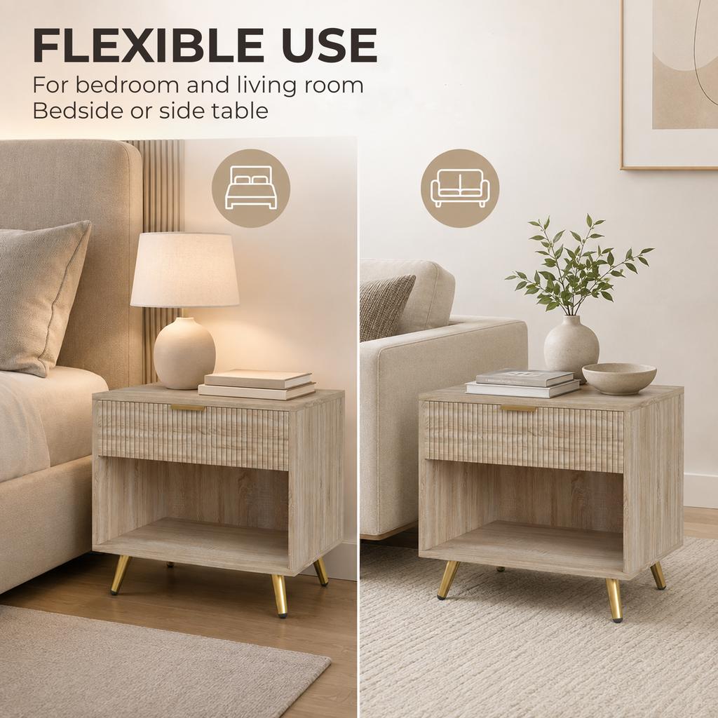 Bedside Table Drawer With Handle for Bedroom Natural Wood Finish
