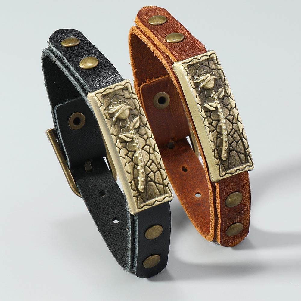 Retro Cowhide Leather Bracelet with Alloy Rose - Adjustable Men's Bangle