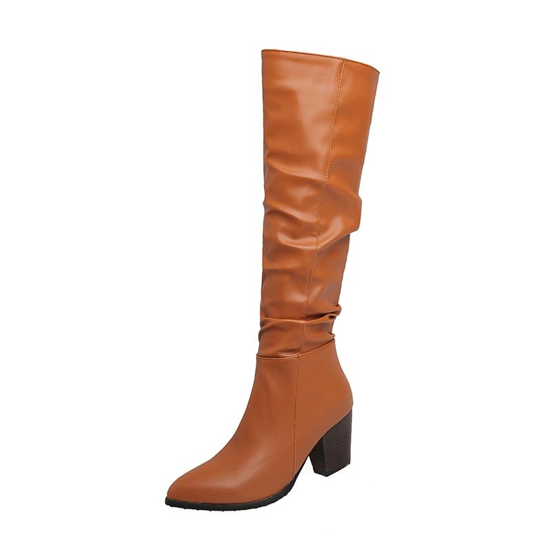 Women Knee High Long Boots Pointed Toe Thick High Heels Zipper Pleated Gogo Boots Ladies Fashion Shoes Autumn Winter 46