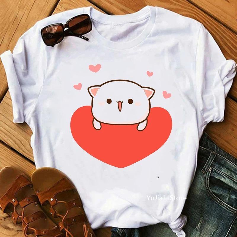 Peach And Goma Mochi Cat Animal Print Tshirt Femme Harajuku Shirt Streetwear Women Short Sleeve Gifts Tshirt Women Clothing