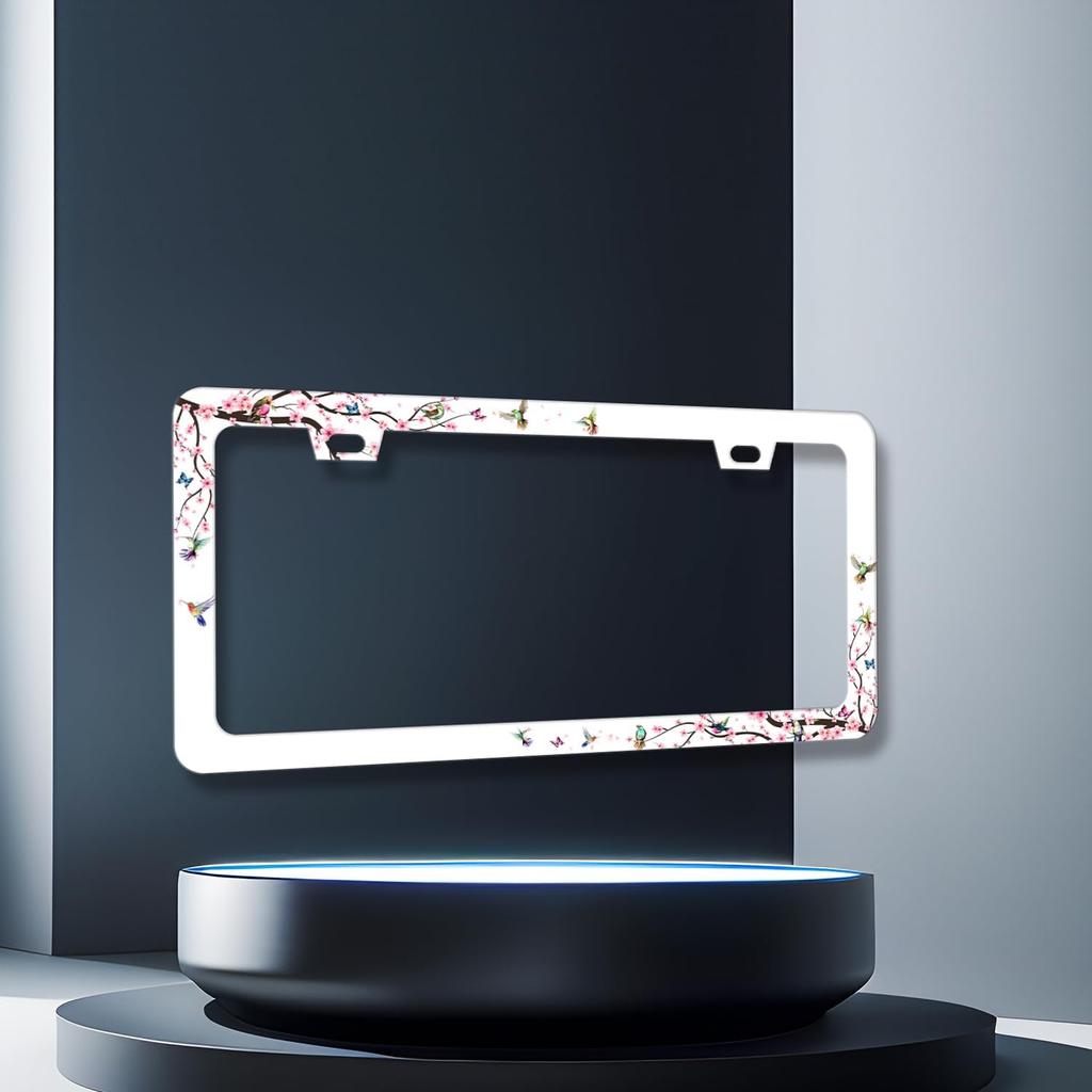 Hummingbird License Plate Frame Cherry Blossom Pink Flower License Plate Holder Colorful License Plate For Car Decoration Stainless Steel Bird Car