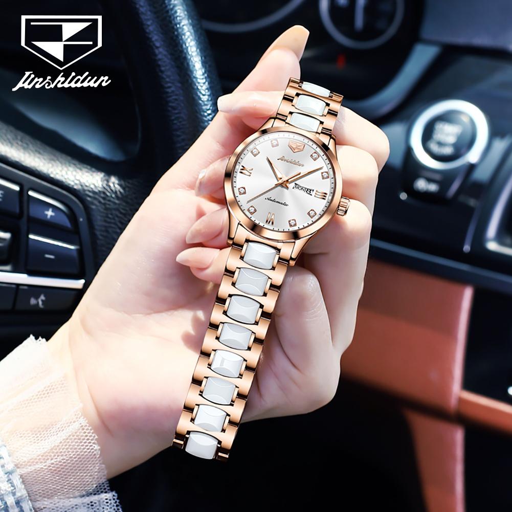 JSDUN Women's Watches Luxury Elegant Ceramic Strap Original Automatic Mechanical Wristwatch Waterproof Luminous Date Week 8947