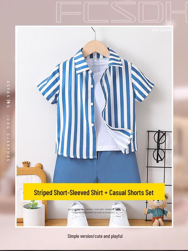Boys' Two-Piece Summer Set: Korean Style Vertical Stripe Shirt & Casual Shorts