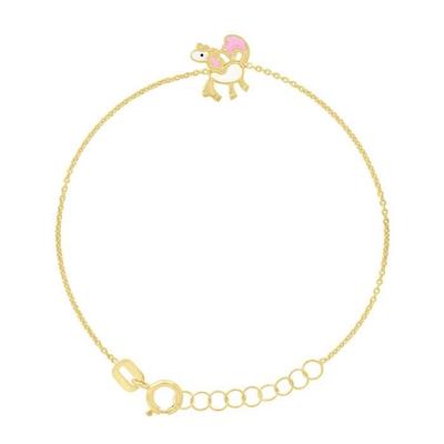 Kinderarmband - LÉA &; ARTHUR - PFERDE-Motive - 375 Gelbgold - Länge verstellbar 12-14 cm - Emaille weiß/rosa