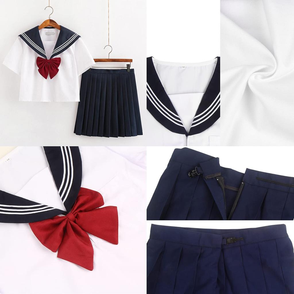 [DERAYEE] Sailor Uniform Cosplay Front-Opening Schoolgirl 4-Piece Set with Red Ribbon Skirt and Stockings White Navy (Short SizeS)