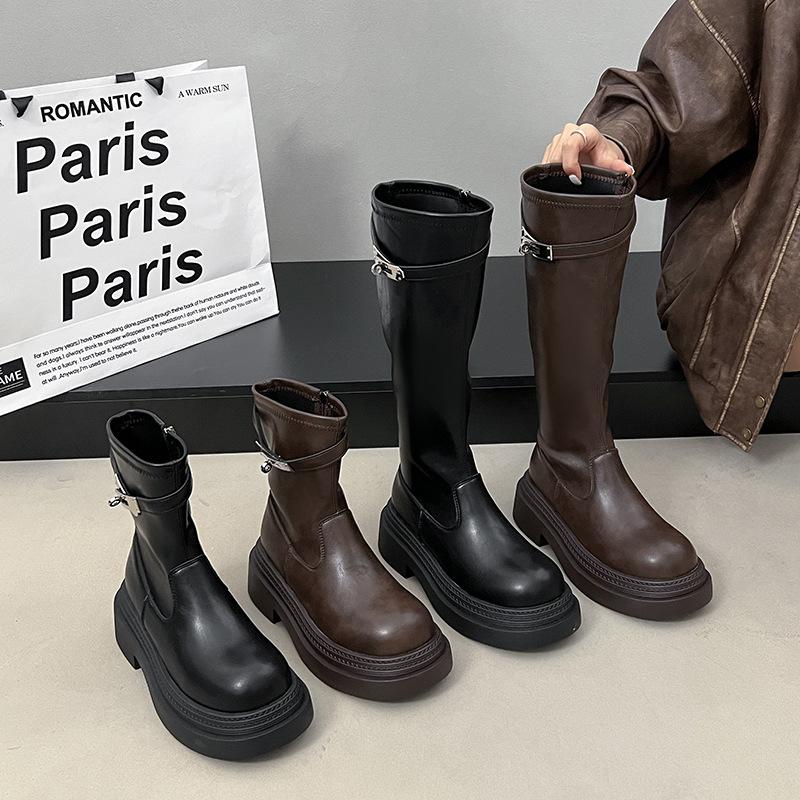 Thick heel platform knight boots women's Korean version but knee boots 2025 autumn and winter new round head high heel Martin boots