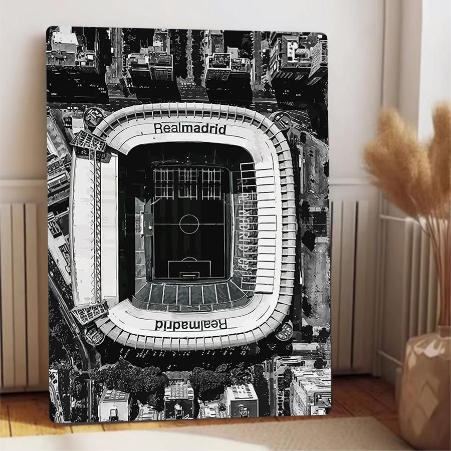 Real Madrid Stadium Aerial View Metal Wall Art Black White Sports Decor Football Fan Collection Souvenir