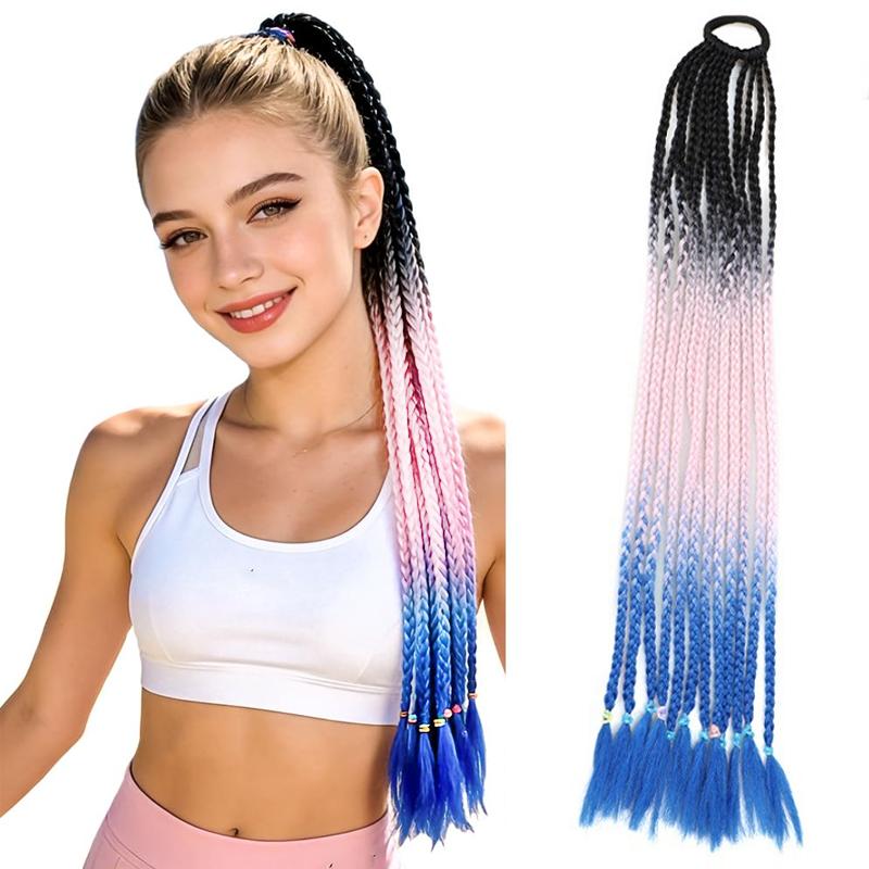 Braided Ponytail Hair Extensions 24 Inch Colorful Box Braids with Rubber Bands Synthetic Hairpieces for Girl  Women Accessories Crazy Hair Day