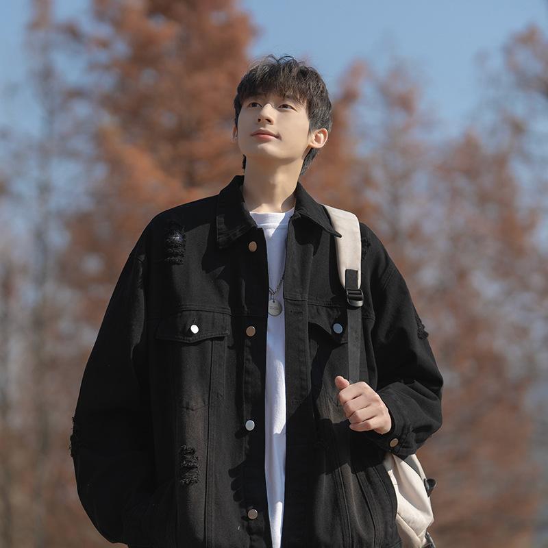 

European and American vibe wind ripped tooling denim jacket men s spring American retro lapel jacket Hong Kong style trendy top 3XL черный серый