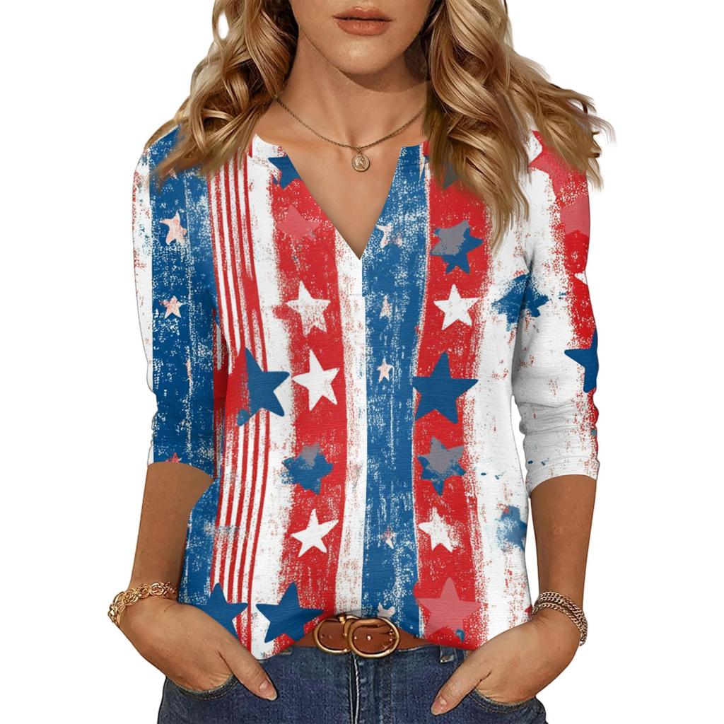 Women's Casual Fashion Sexy Comfortable V-Neck Independence Day Seven Sleeve Top