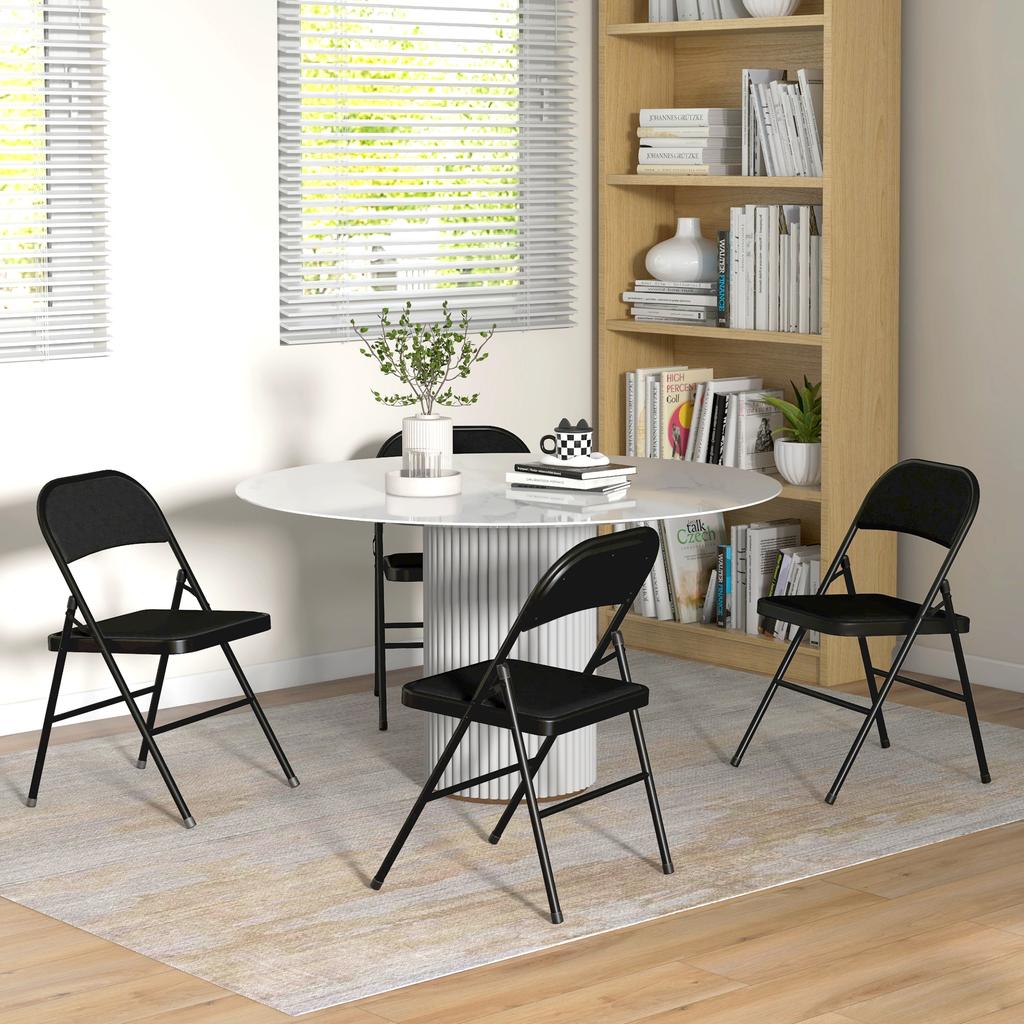 Set of 4 Folding Chairs with Padded Seat in Polyester and Steel Structure, Black