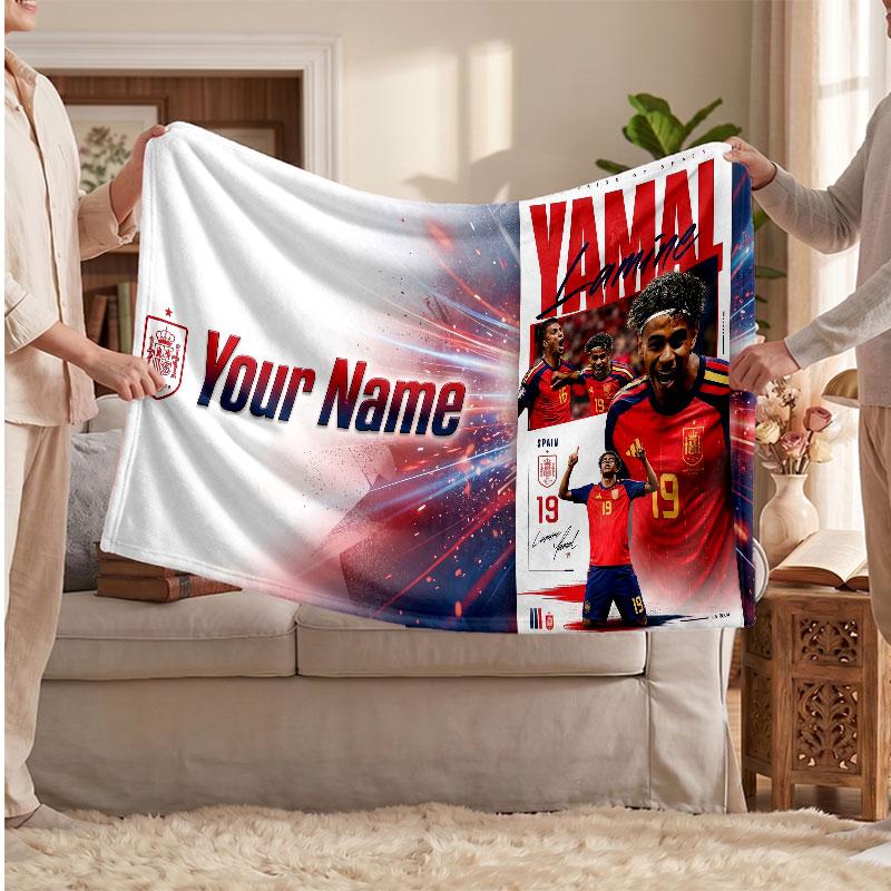 Coperta in pile personalizzata Lamine Yamal con logo del calcio, testo con nome personalizzato, morbida, calda, coperta da divano per la casa