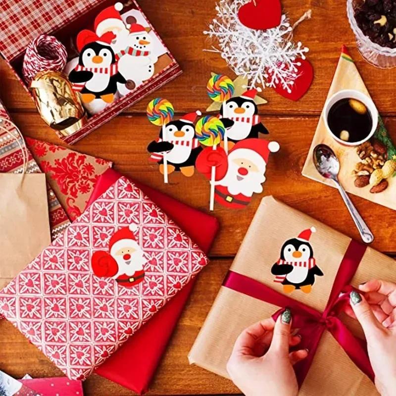 1000/25PCS Christmas Lollipop Paper Cards Cartoon Santa Claus Penguin Snowman Candy Package Wrapping Card New Year Party Decor