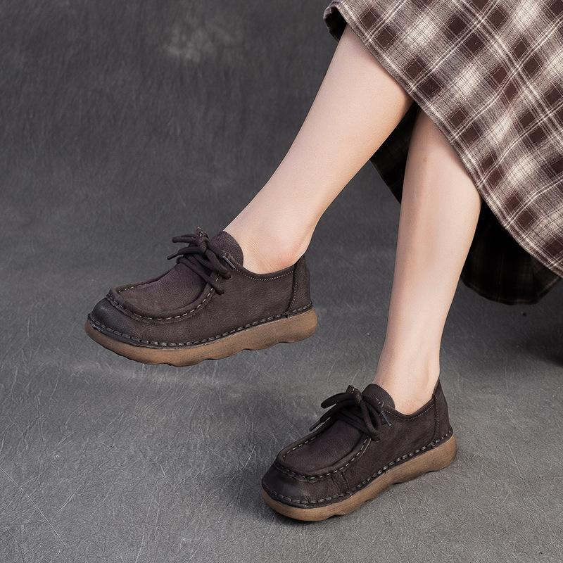 Autumn Suede Leather Casual Shoes Women Comfortable Round Toe Lace Up Loafers Low Block Heel Office Flats