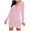 Women's Solid Color Long-sleeved Cross V-neck Sexy Bag Hip Slim Shiny Evening Knee-length Dress