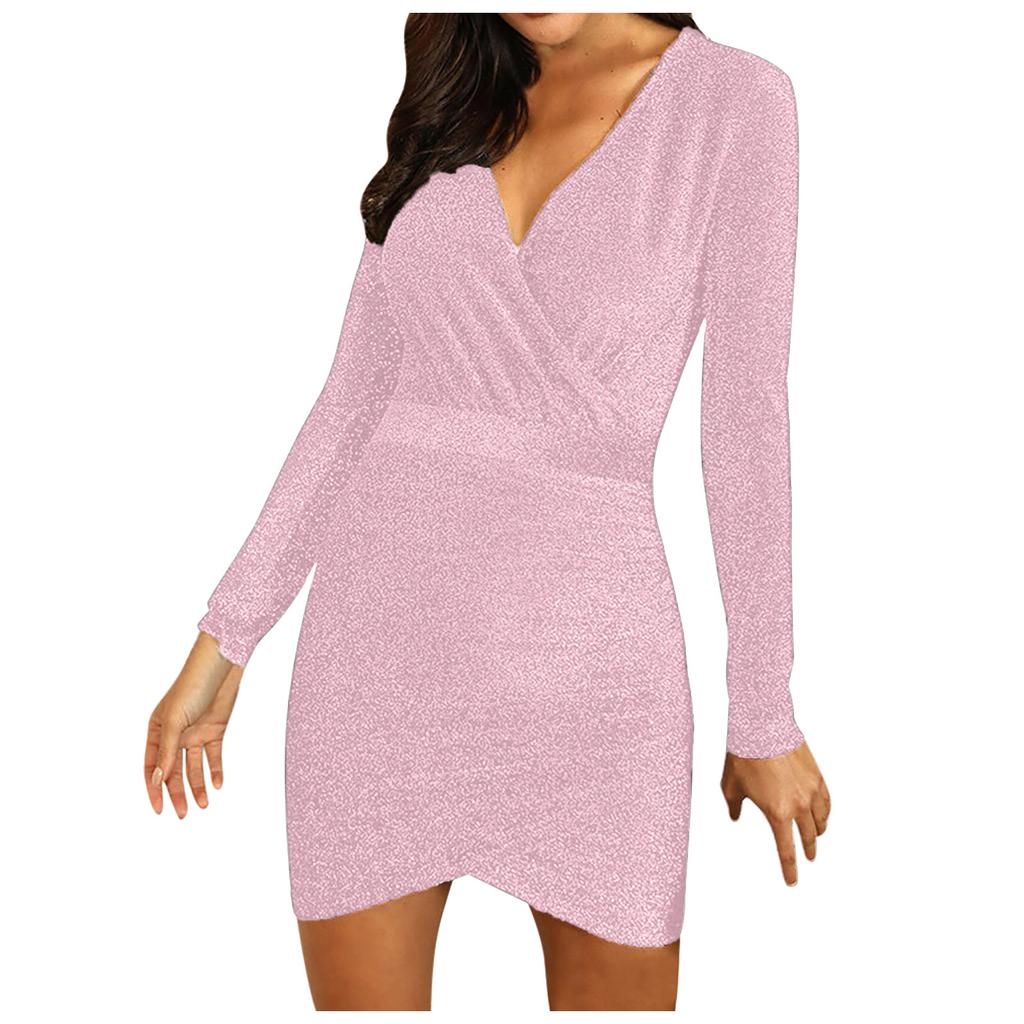 Women's Solid Color Long-sleeved Cross V-neck Sexy Bag Hip Slim Shiny Evening Knee-length Dress