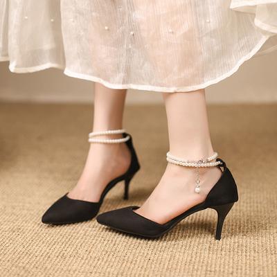 2025 New Summer Sexy Women's Sandals Thin Heel Pointed One-word Buckle with Suede Bag Head Pearl Chain High Heels