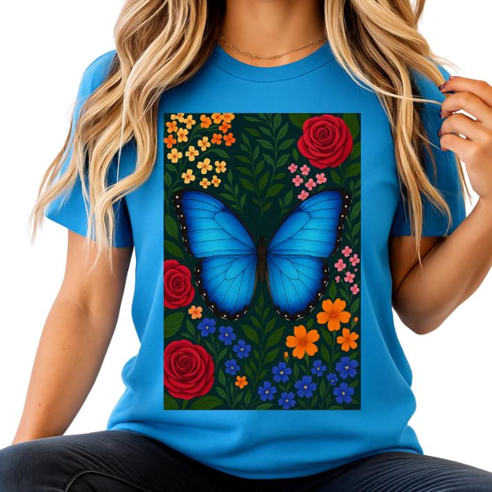 Blue Butterfly Floral T-Shirt Colorful Botanical Graphic Tee Nature-Inspired Shirt Gift for Butterfly Lovers & Garden Enthusiasts Bug tee 3XL