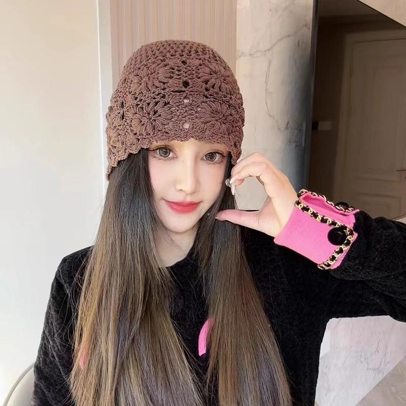 Women's Handmade Knitted Flower Hat Spring Autumn Thin Hollow Retro Literary Style Travel Baotou Stacking Cap