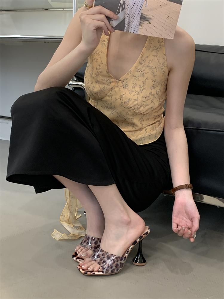 Fashion Eilyken Design Style Leopard Print Square Toe Slippers Women PVC Transparent High Heels Sandals Summer Party Slide Shoes