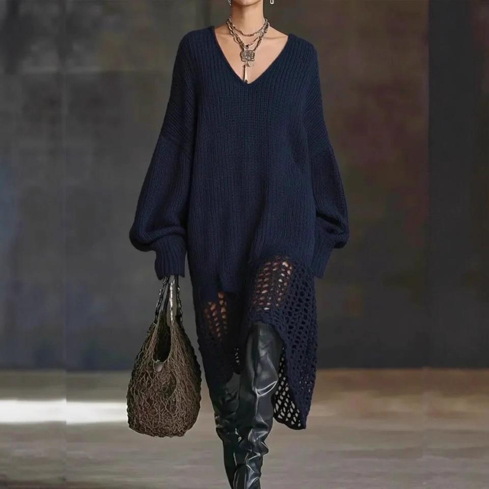2026 Independent Station European and American V-neck knitted dress irregular hem hollow loose dress