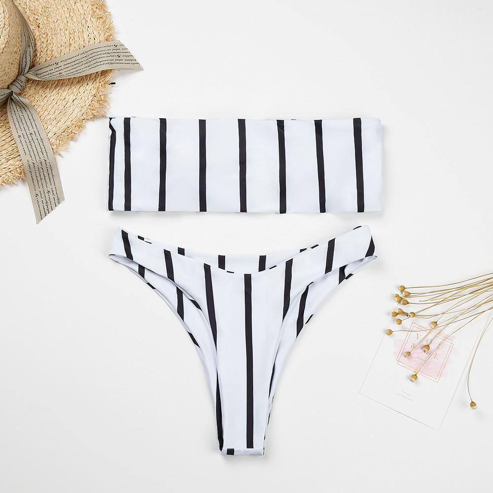 Elegantes Schwarz-Weiß-Gestreiftes Damen-Bikini-Set Mit Push-up Polsterung Und Schleifen-Design