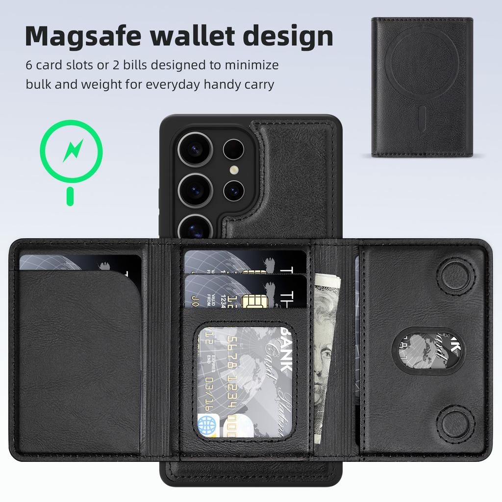 For Samsung Galaxy S25 Ultra Case Compatible with MagSafe Leather Back Phone Cover with Detachable Card Bag