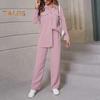2 Pcs/Set Fall Spring Women Shirt Pants Set Long Sleeves Lapel Button-down Blouse with Chest Pocket Elastic Waist Trousers OL Commuting Sport