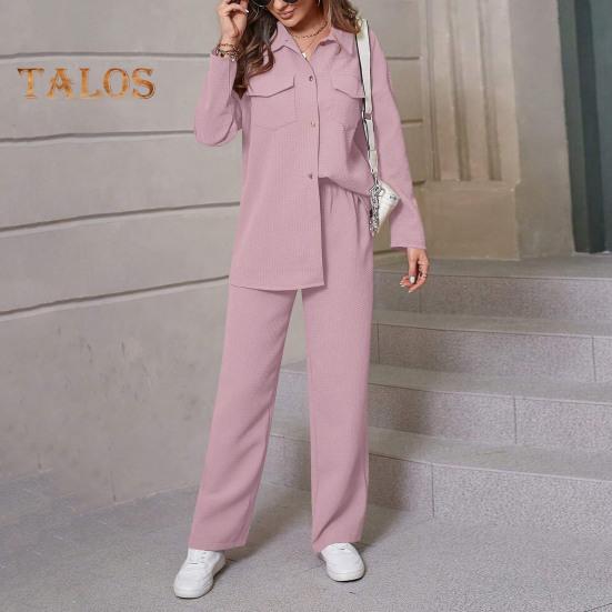 2 Pcs/Set Fall Spring Women Shirt Pants Set Long Sleeves Lapel Button-down Blouse with Chest Pocket Elastic Waist Trousers OL Commuting Sport