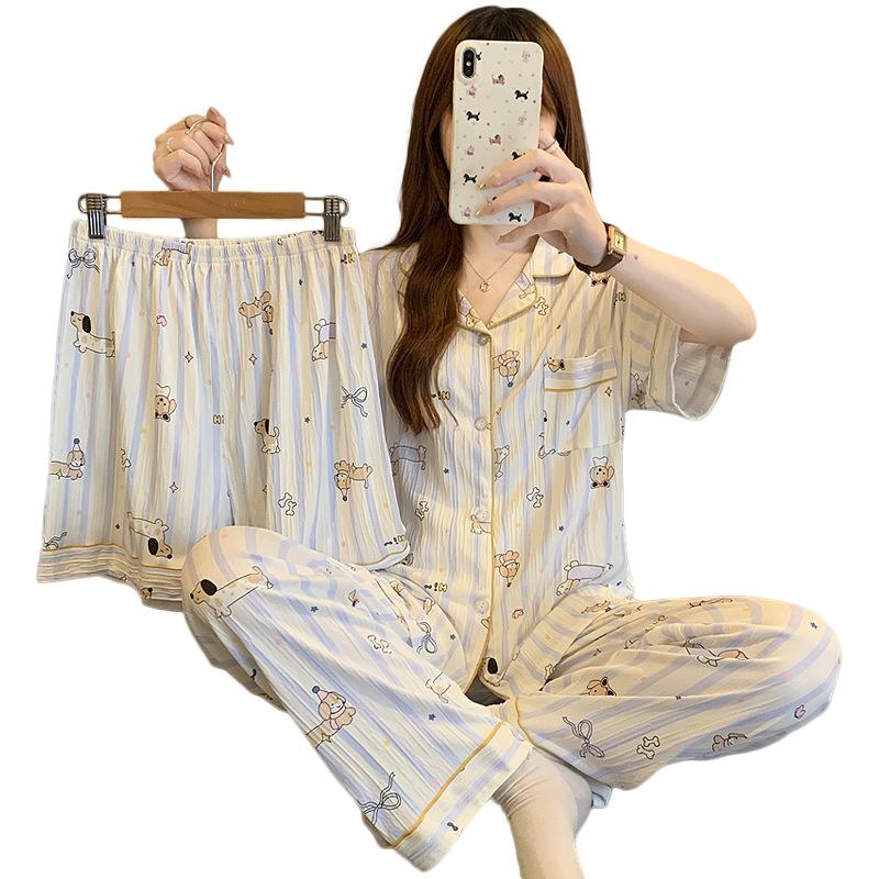 Salt Style Dachshund Dog Pajamas Women'S Summer Short-Sleeved Cartoon Wrinkled Cloth Loungewear Three-Piece Set