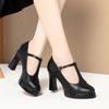 One-word Buckle Single Shoes Women's Summer New Thick Heel Model Catwalk Shoes Commuter Waterproof Table Leather Shoes Black