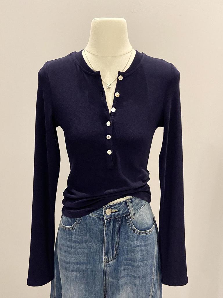 Women's Slim Fit Long Sleeve Henley Collar Mousse Cashmere Top for Spring/Autumn