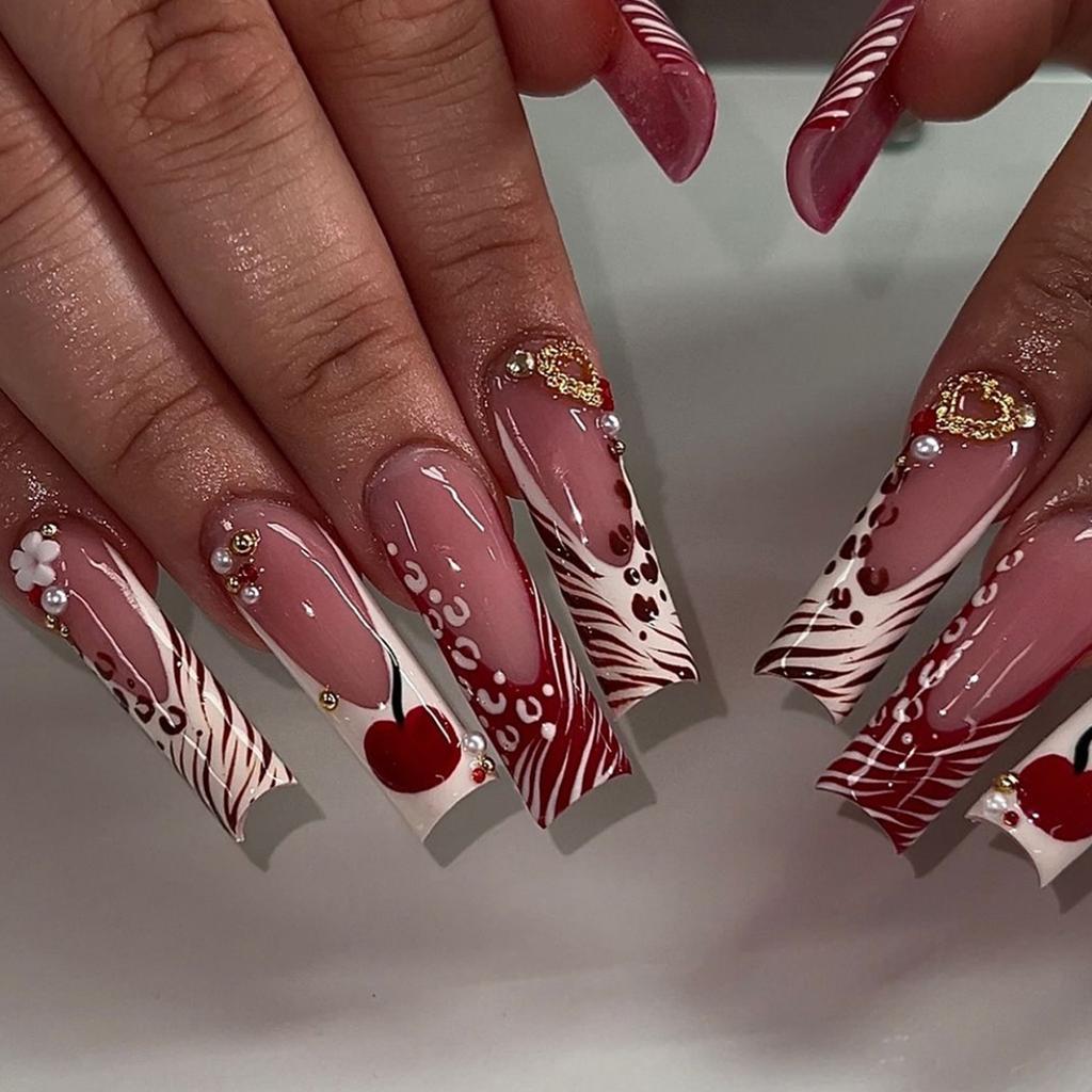 Press on Nails Long Square Fake Nails Red Stripes Acrylic Glossy False Nails with Golden Designs Reusable Full Cover Artificial Nail Supplies 24Pcs