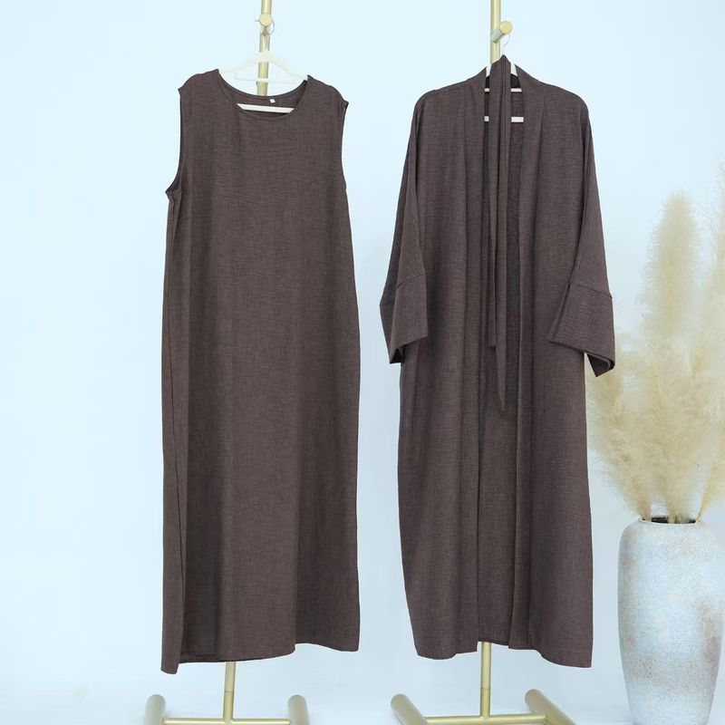 

New Arrival Middle East Dress and Cardigan Robe Two-piece Set Long Robe Dress Two-Piece Set Coffee L
