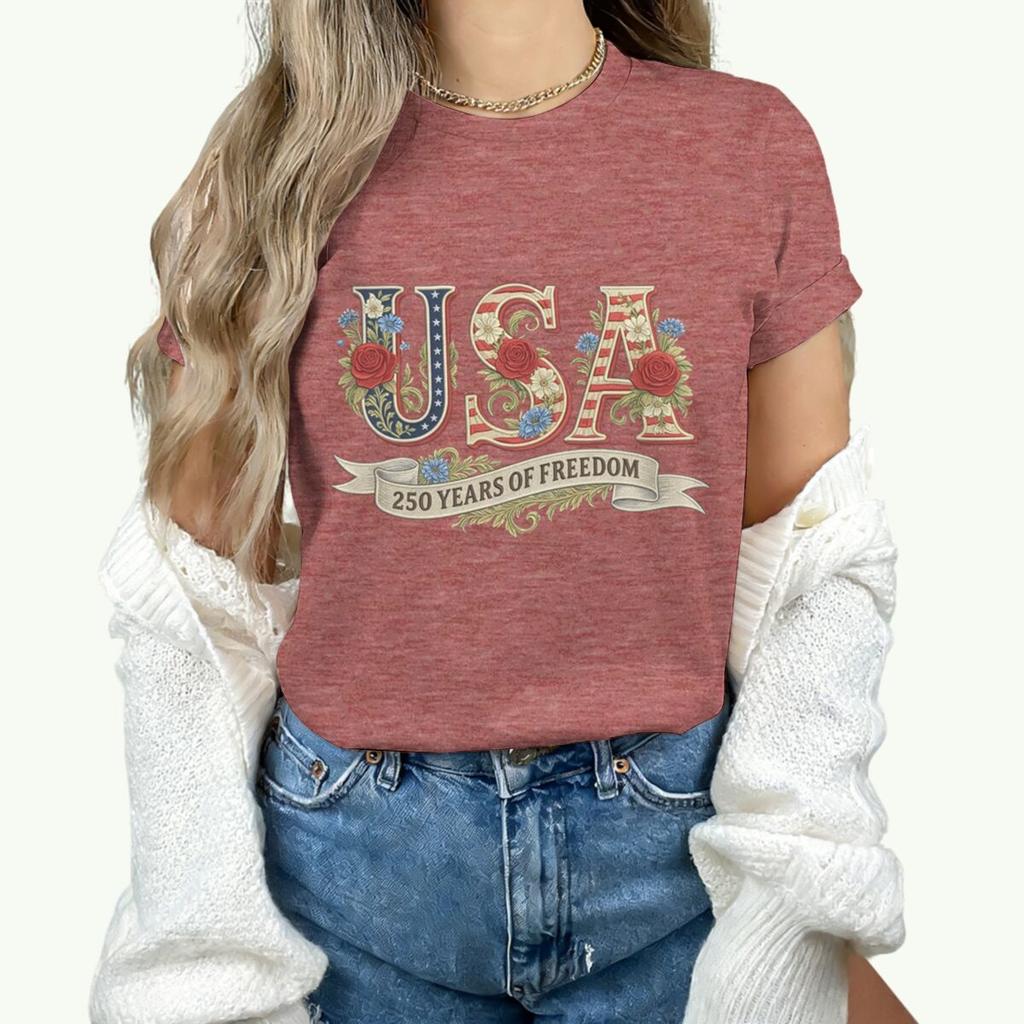 Causal 250th Anniversary Floral USA T-Shirt Women Retro Patriotic Rose Daisy Flowers Tee Fashion Independence Day 2026 Shirt