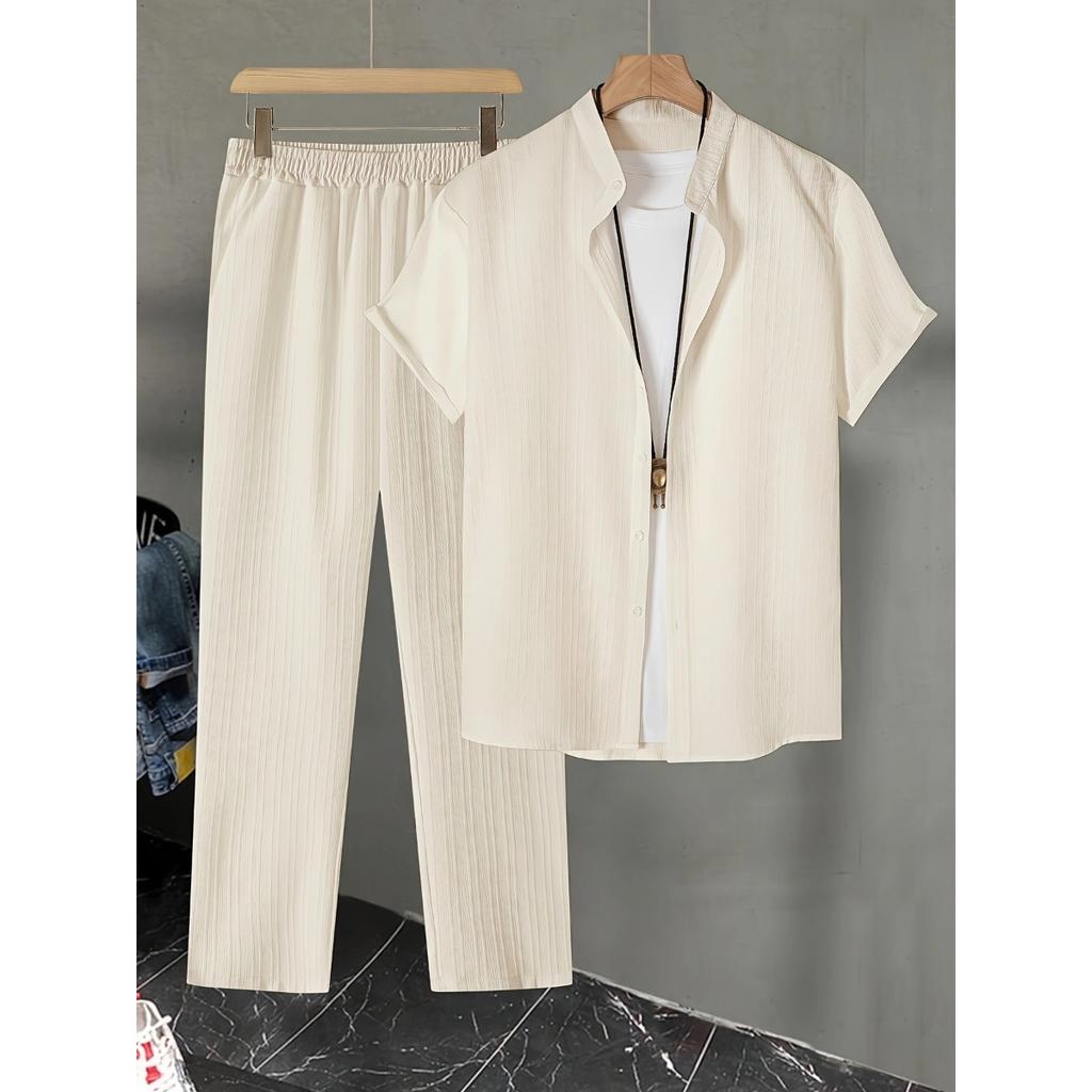 Men's Button Textured Casual Striped Short Sleeved Shirt and Elastic Straight Leg Pants Set, 2-piece Set