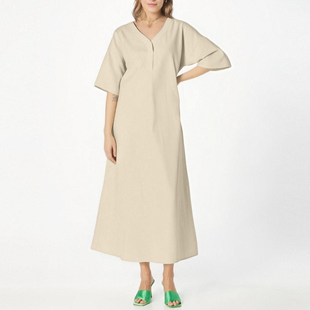 Ladies Summer New Fashion Casual Loose Short Sleeve V-neck Color Long Vest Dress
