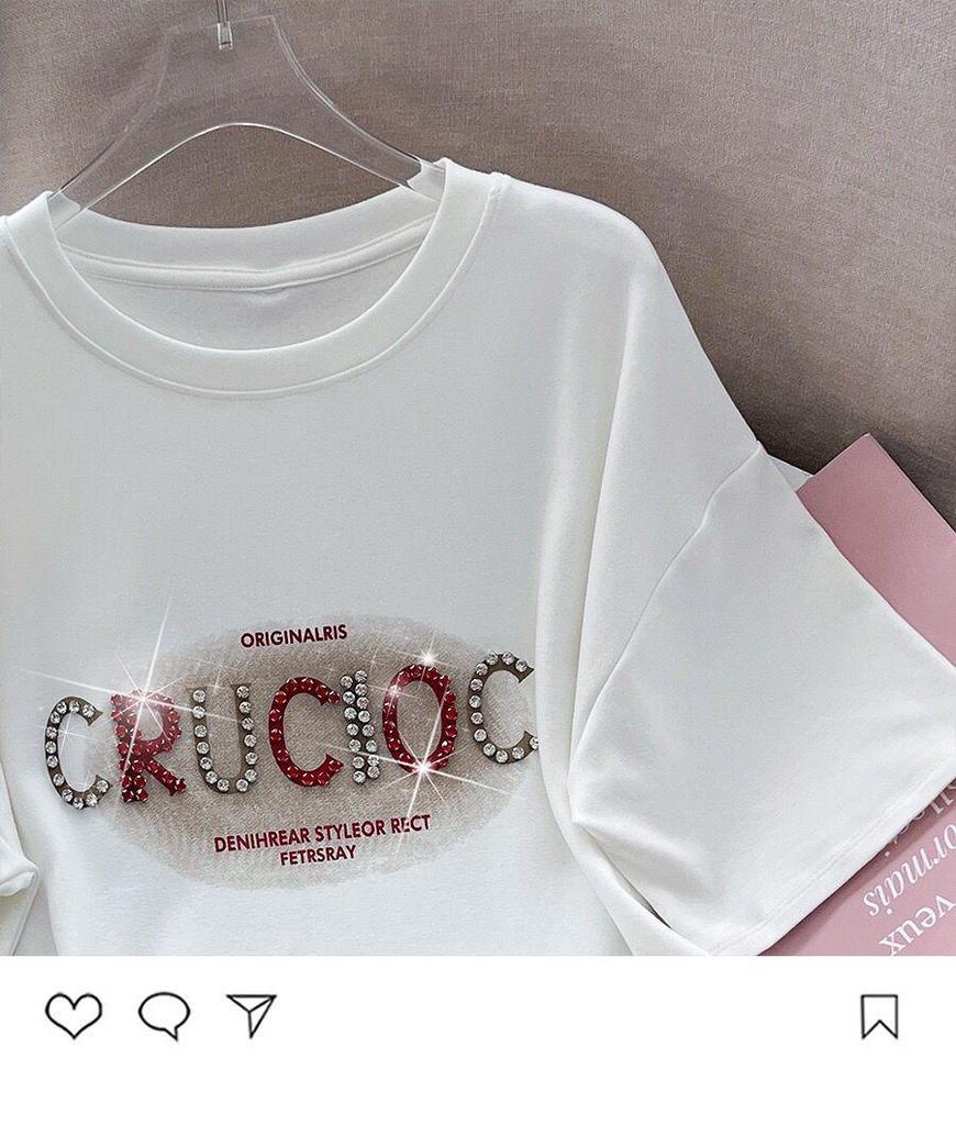 Women's 2024 Summer Trendy Loose Short Sleeve Pure Cotton Studded T-Shirt